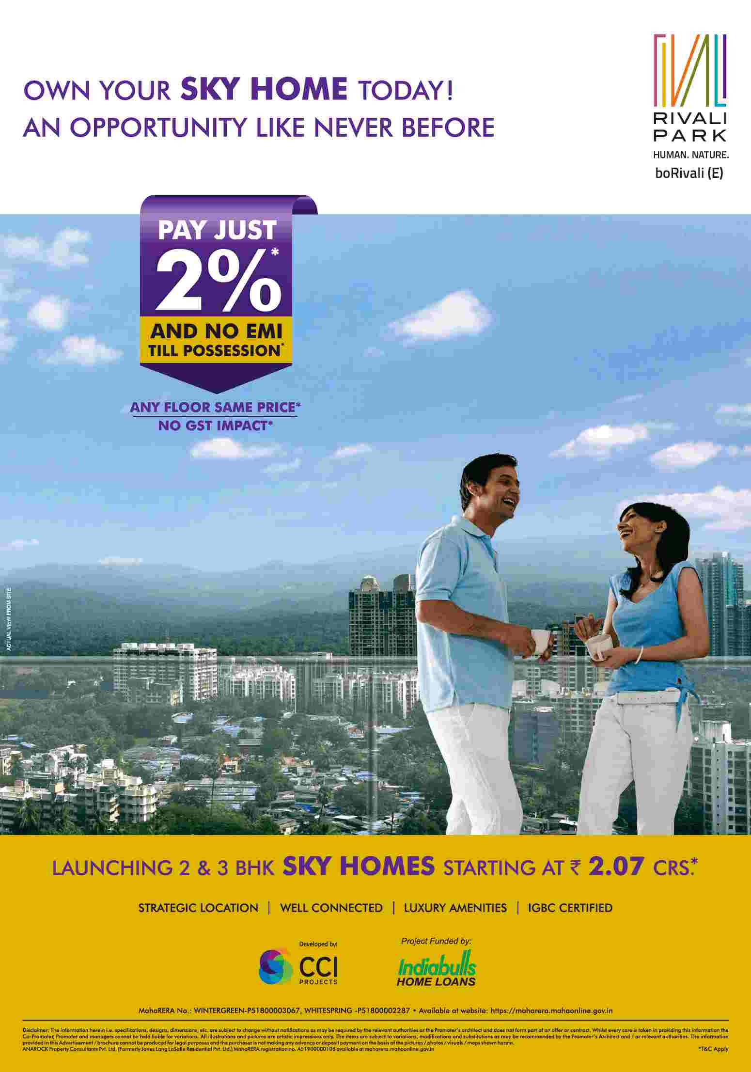 Pay just 2% & no EMI till possession at CCI Rivali Park in Mumbai Update